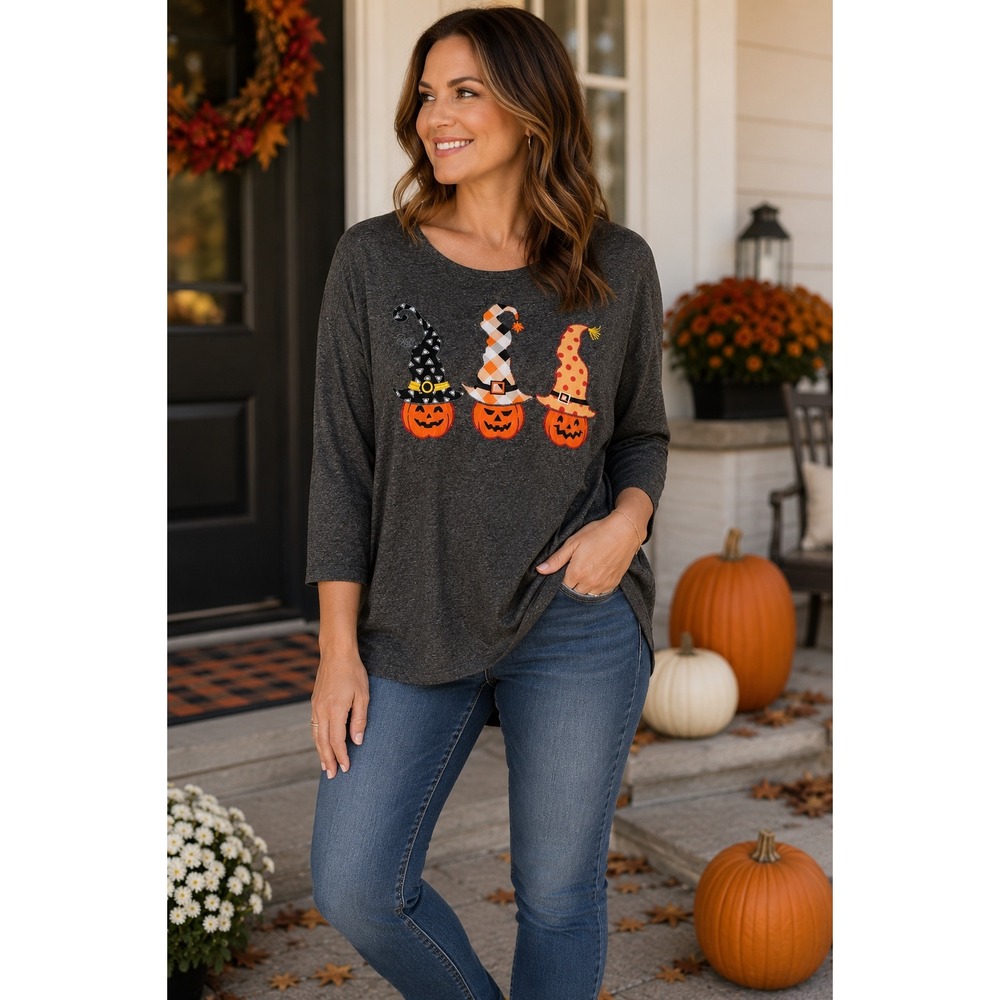 Clover + Pine Halloween Pumpkin Witch Hat Tunic Top Charcoal Gray XXL Womens
